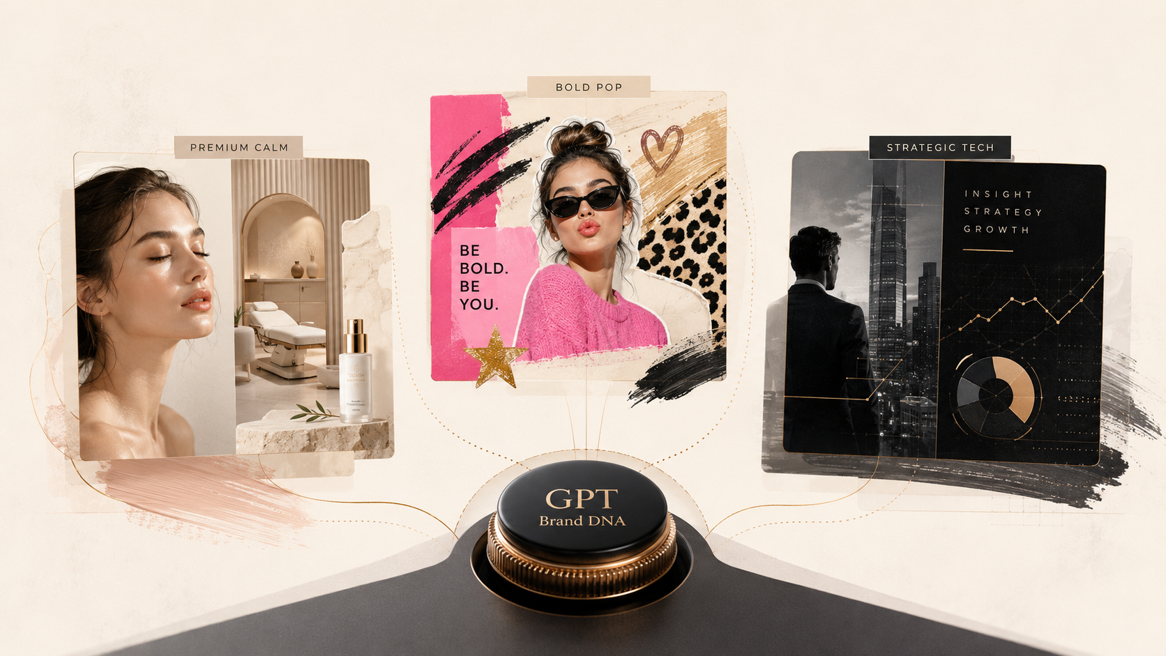 יצירת תוכן עם GPT לפי Brand DNA — שלוש שפות מותג שונות: פרימיום שקט, פופ צעיר וטכנולוגיה אסטרטגית