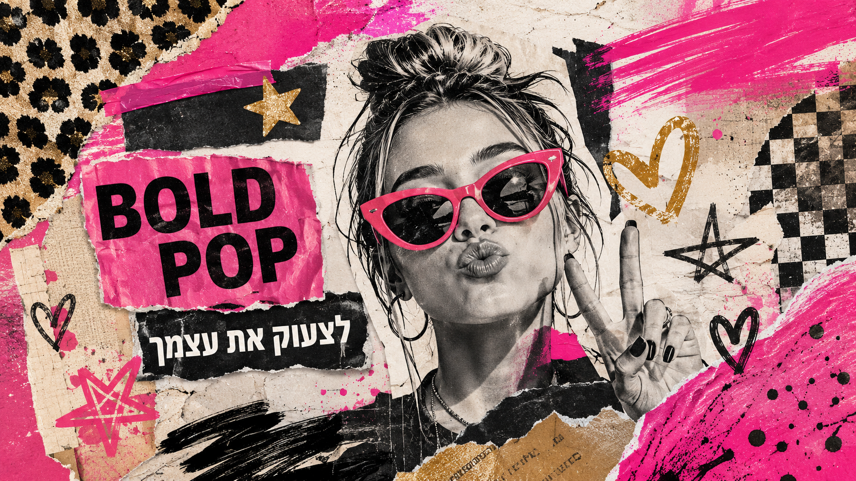 שפת מותג פופ צעירה ובועטת — קולאז' ורוד שחור זהב עם טיפוגרפיה חזקה