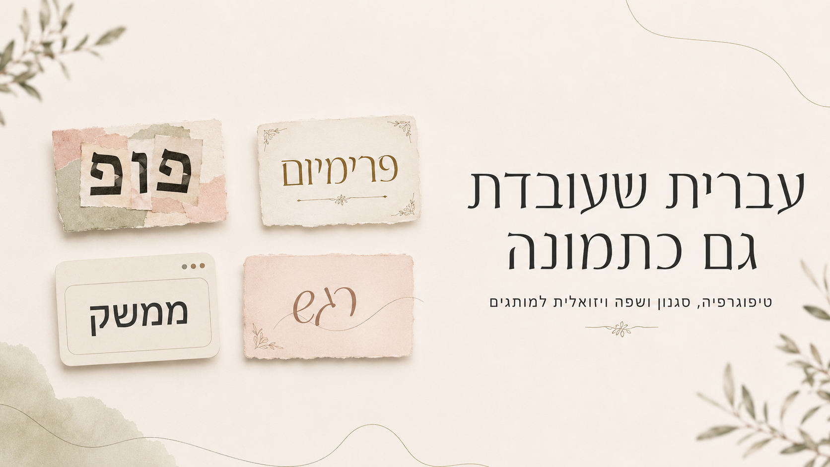 ארבע קוביות טיפוגרפיה בעברית שמדגימות איך עברית משתנה לפי סגנון ושפת מותג
