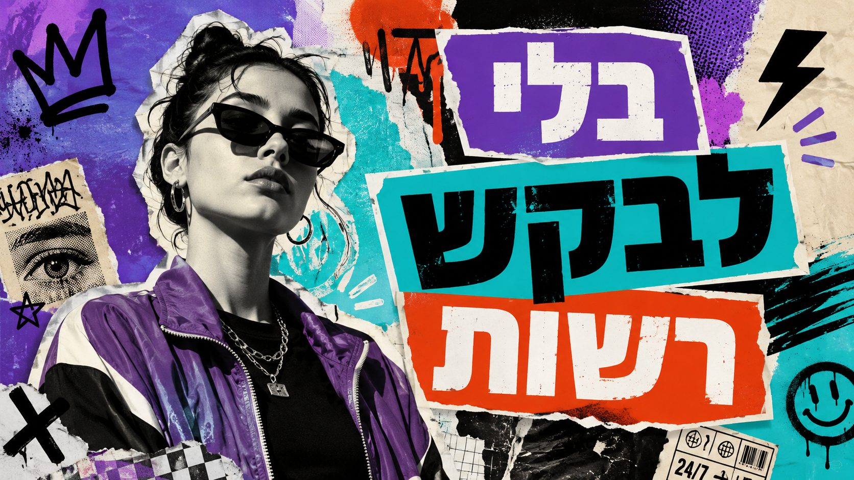 Pop Collage Hebrew — טיפוגרפיה עברית צבעונית, בועטת וקולאז'ית בתוך תמונת AI