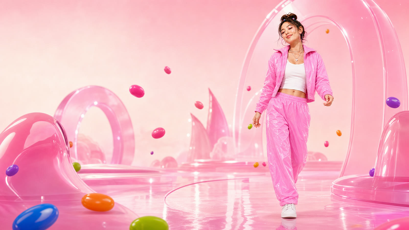 Presenter entering the glossy Pink Rush world