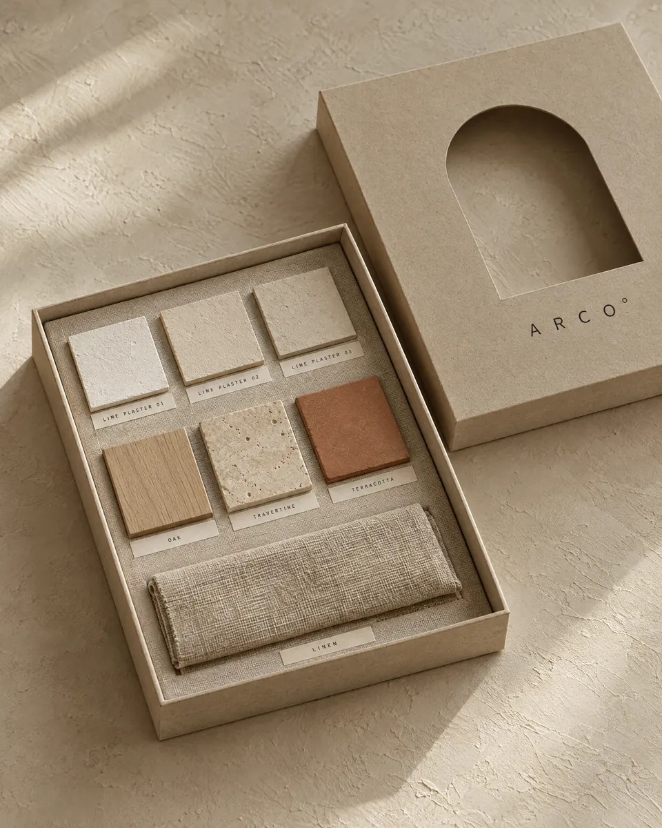 קופסת דוגמאות חומרים של ARCO° עם מכסה בחיתוך קשת