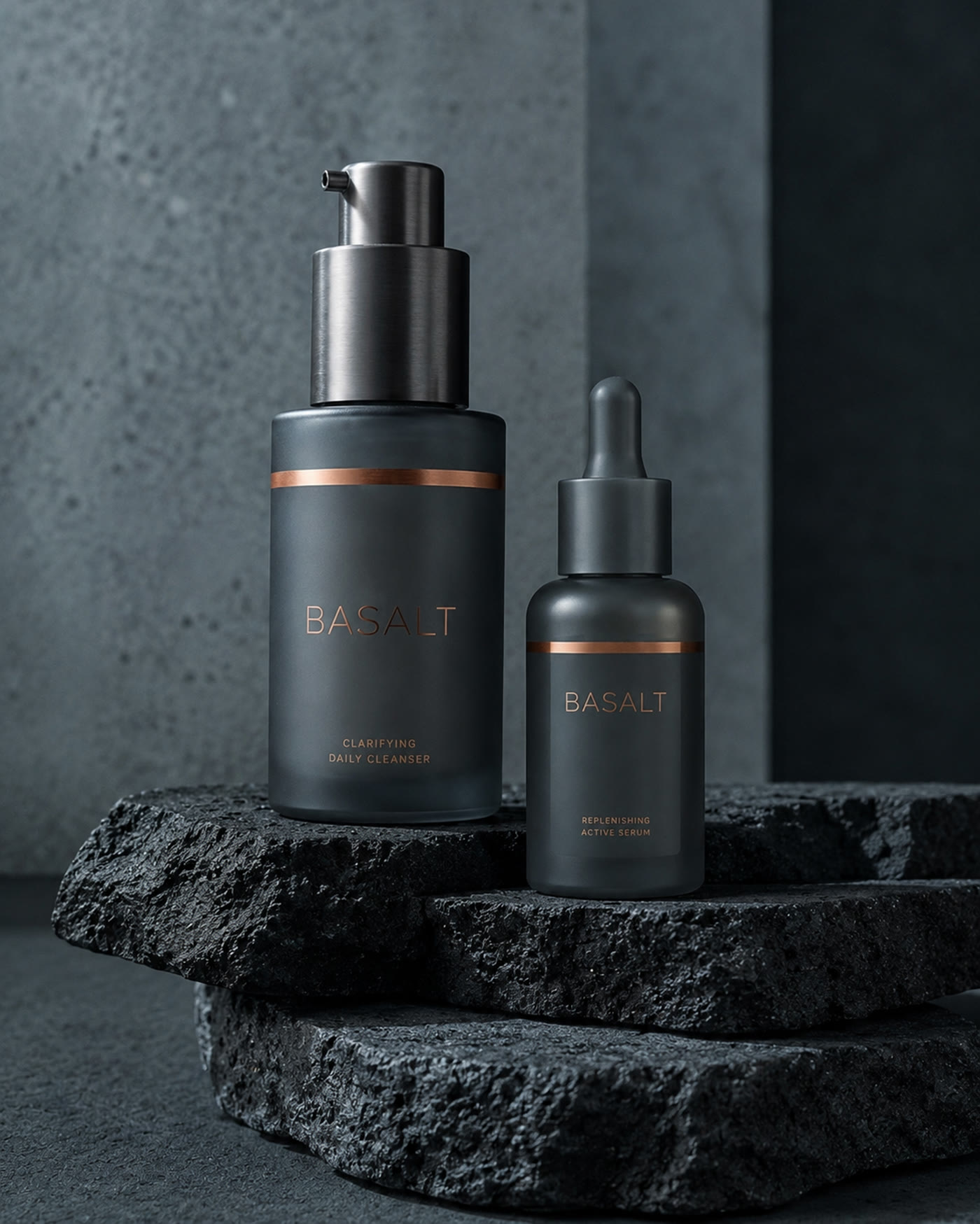 BASALT — Daily Cleanser ו־Active Serum על סלע בזלת