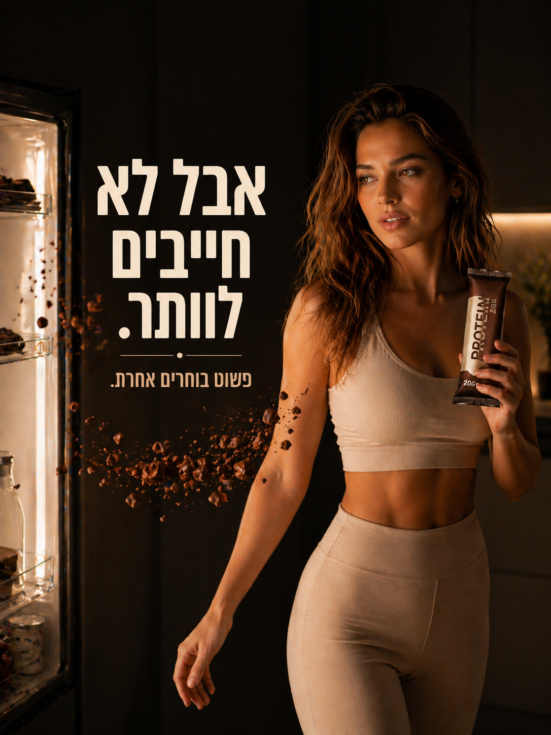 פרסומת AI לחטיף חלבון בעברית — 'אבל לא חייבים לוותר'