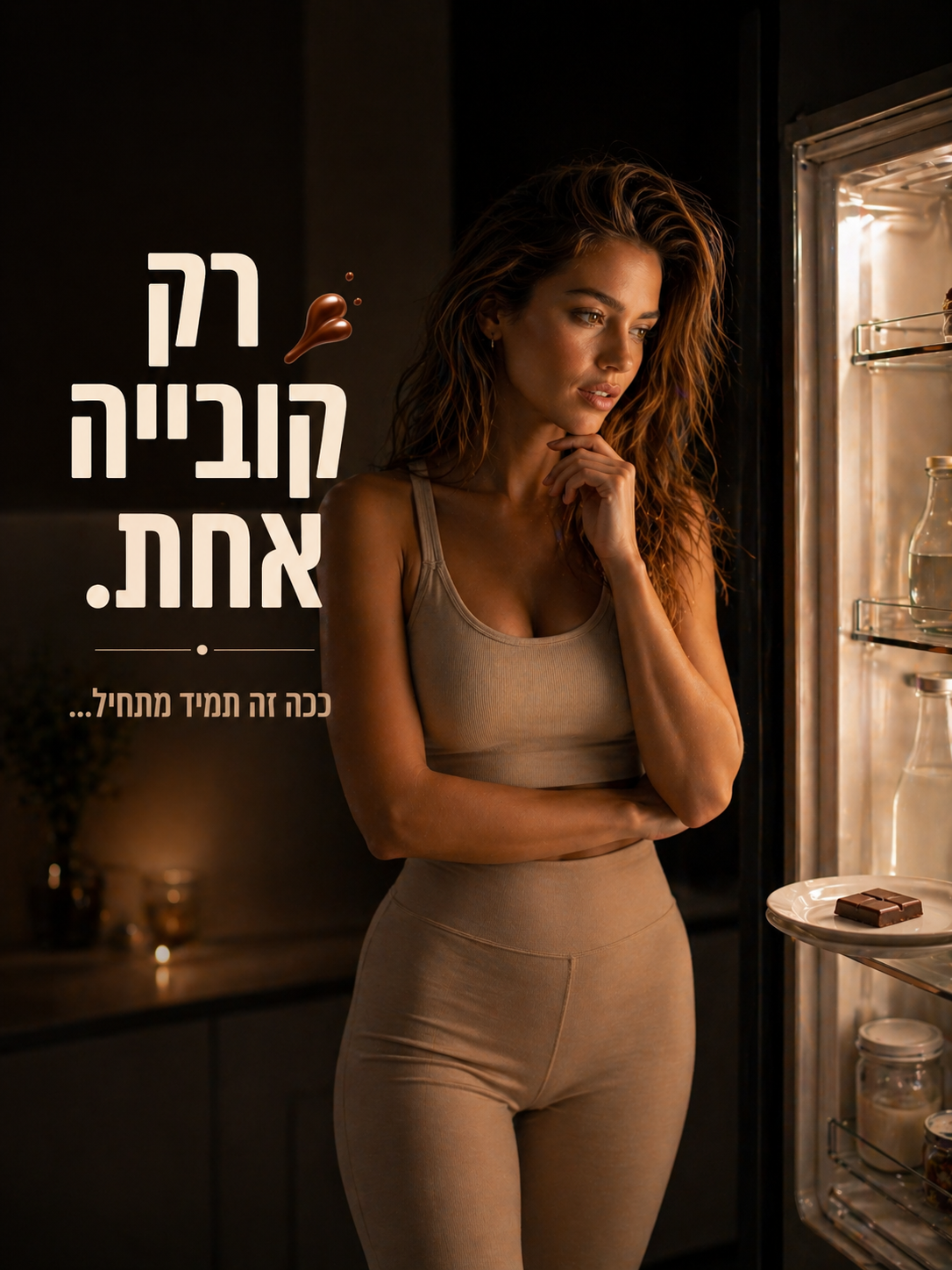 פרסומת AI לחטיף חלבון בעברית — סצינת פיתוי, 'רק קובייה אחת. ככה זה תמיד מתחיל'