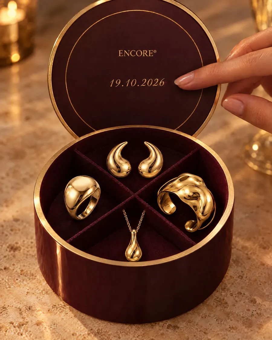 קופסת ENCORE° עגולה פתוחה, ארבעה תאים עם ארבעה תכשיטים ותאריך חרוט במכסה