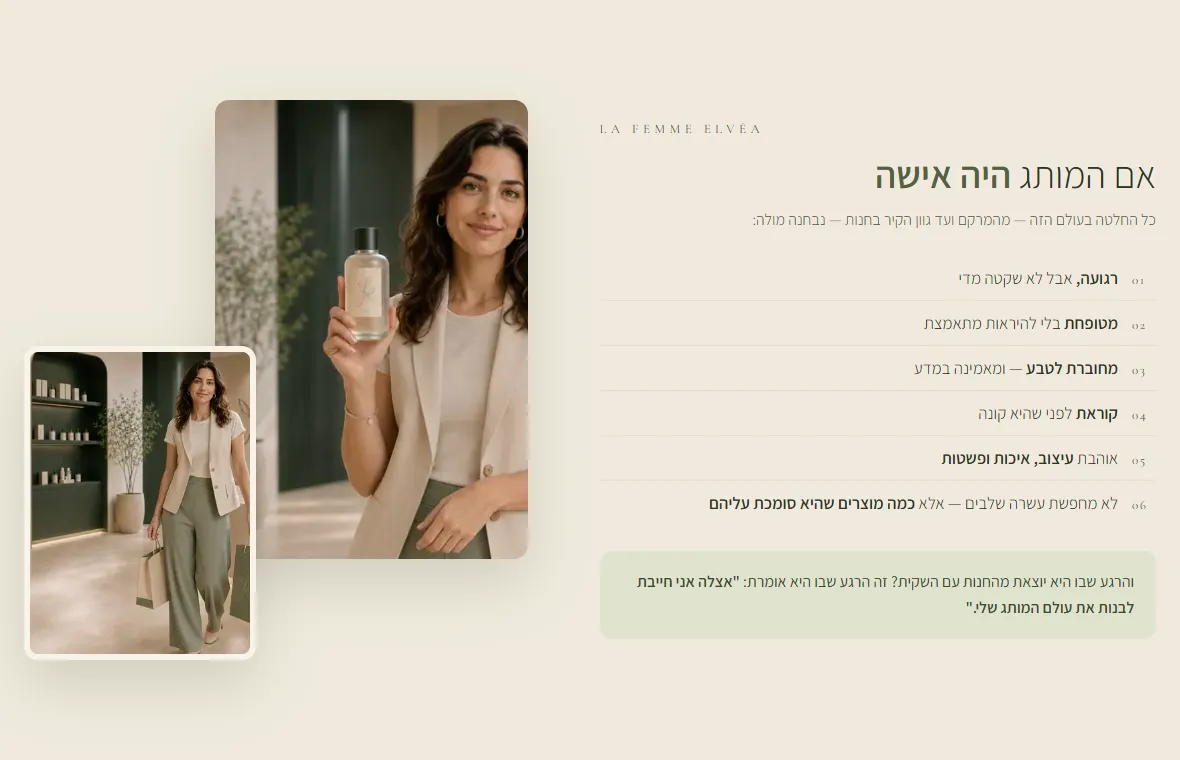 La Femme ELVÉA: אישה בחליפת פשתן בהירה מחזיקה בקבוק סרום של ELVÉA°&lrm; בחנות, ולידה שש שורות הפרסונה, מ-רגועה אבל לא שקטה מדי ועד לא מחפשת עשרה שלבים