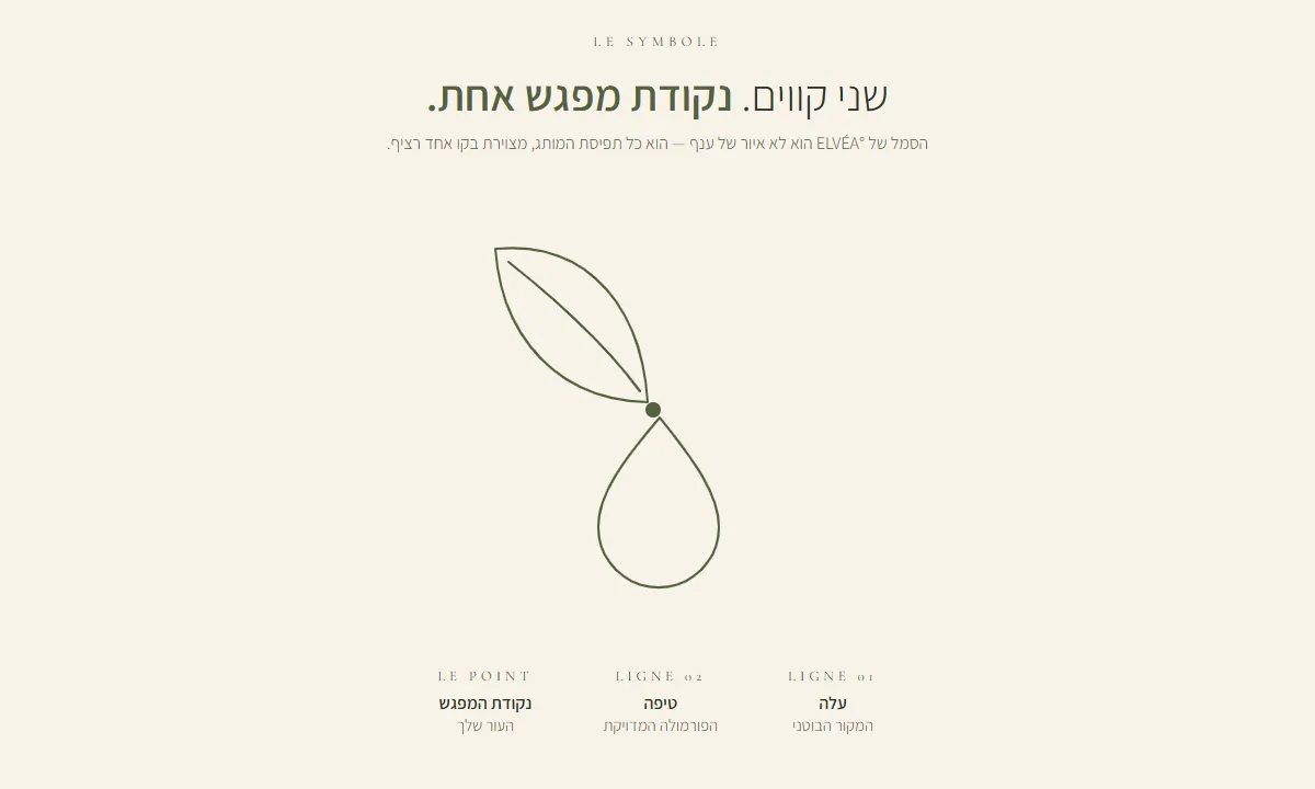 Le Symbole של ELVÉA°&lrm;: עלה וטיפה מצוירים בקו ירוק זית דק ונוגעים בנקודה אחת, ומתחת שלוש תוויות: Ligne 01 עלה, המקור הבוטני. Ligne 02 טיפה, הפורמולה המדויקת. Le Point נקודת המפגש, העור שלך