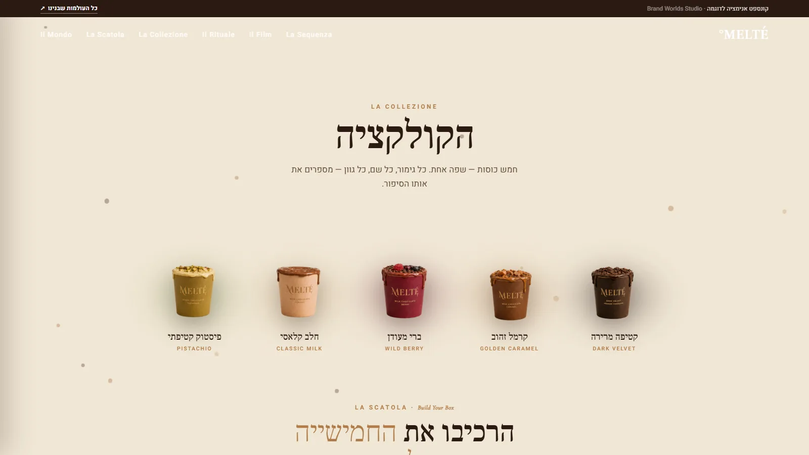 La Collezione: חמש כוסות MELTÉ° בשורה, כל אחת עם הדריפ בצבע הטעם שלה, שם עברי ושם איטלקי מתחת