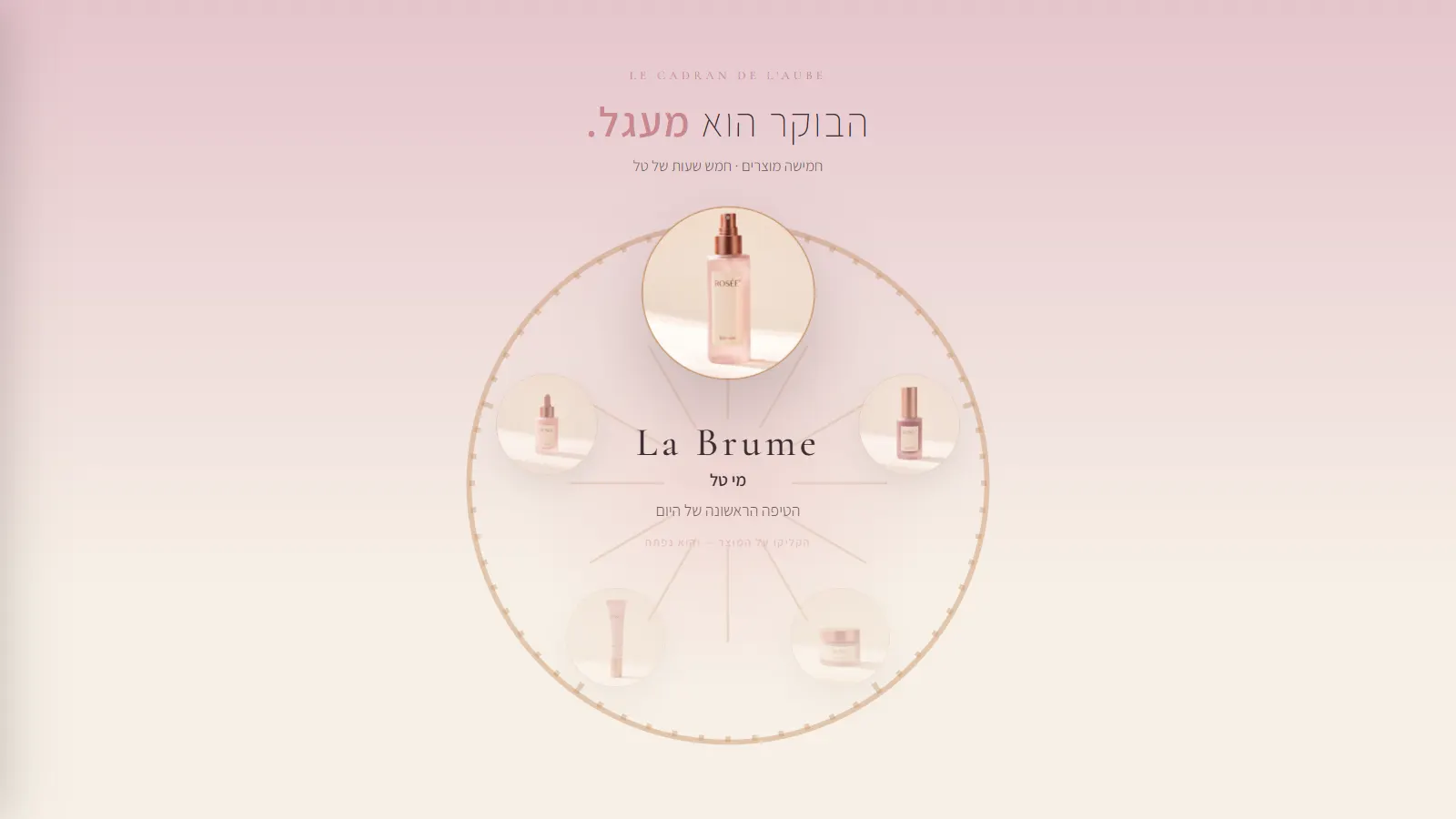 Le Cadran de l'Aube ב-05:30: La Brume מי טל בעמדת המיקוד, שמיים בגוון שזיף, ארבעת המוצרים האחרים על היקף הגלגל