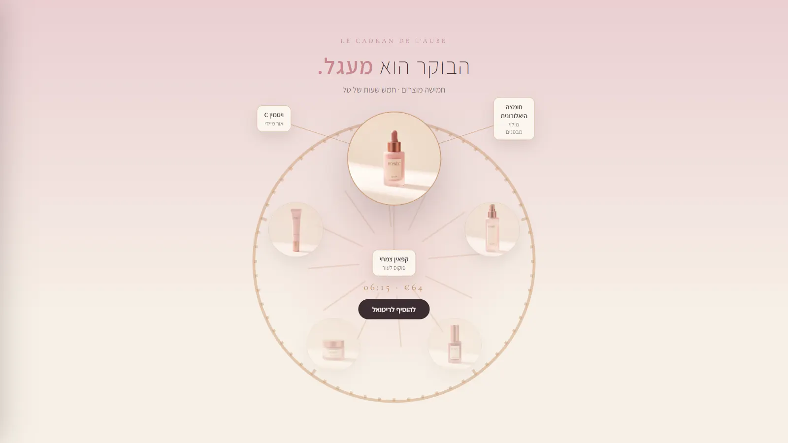 Le Cadran de l'Aube במצב פתוח: קליק על Le Réveil פותח שלושה מרכיבים על קווי נחושת, ומתחתיו השעה וכפתור להוסיף לריטואל