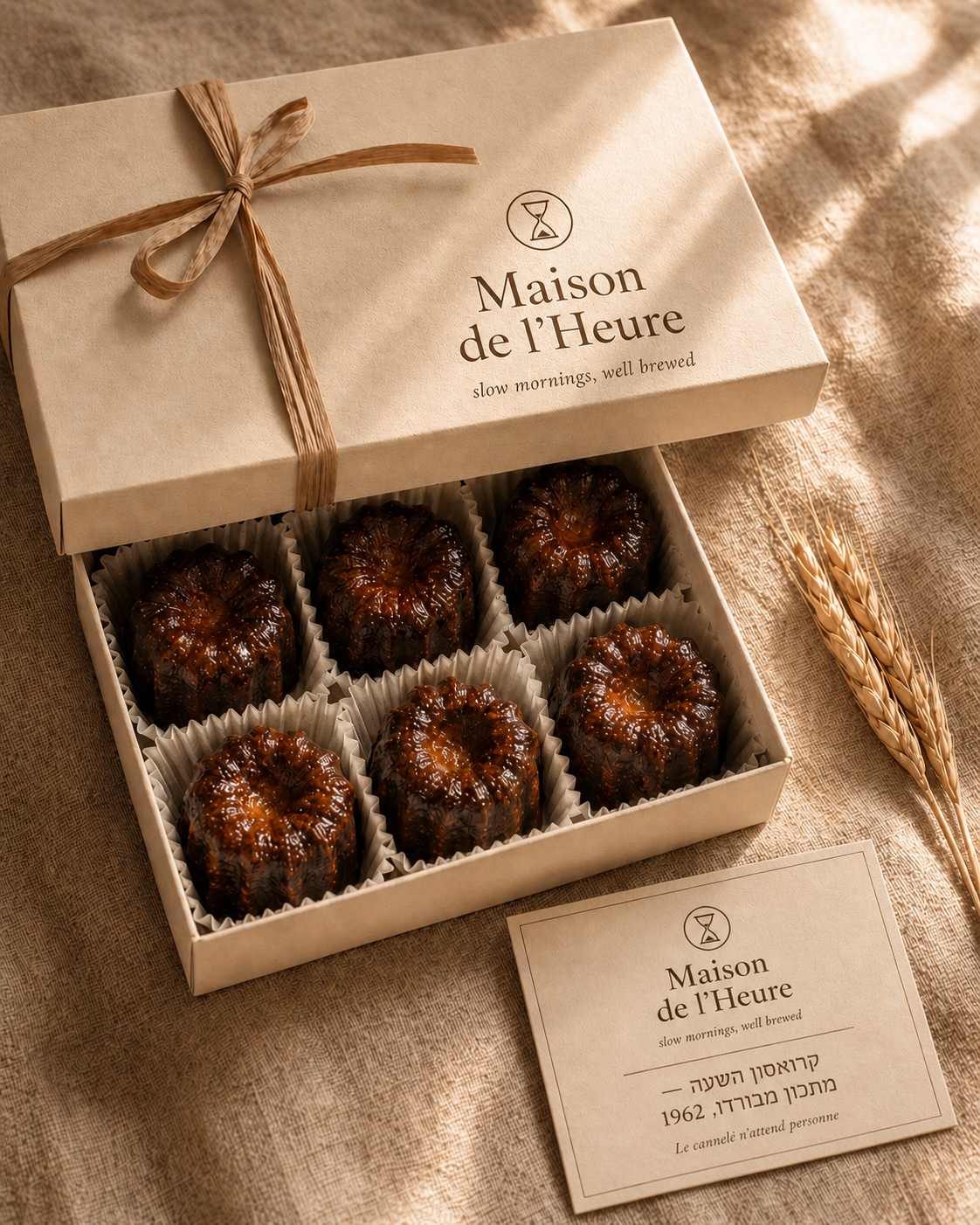 Cannelé de l'Heure takeaway packaging with branded seal