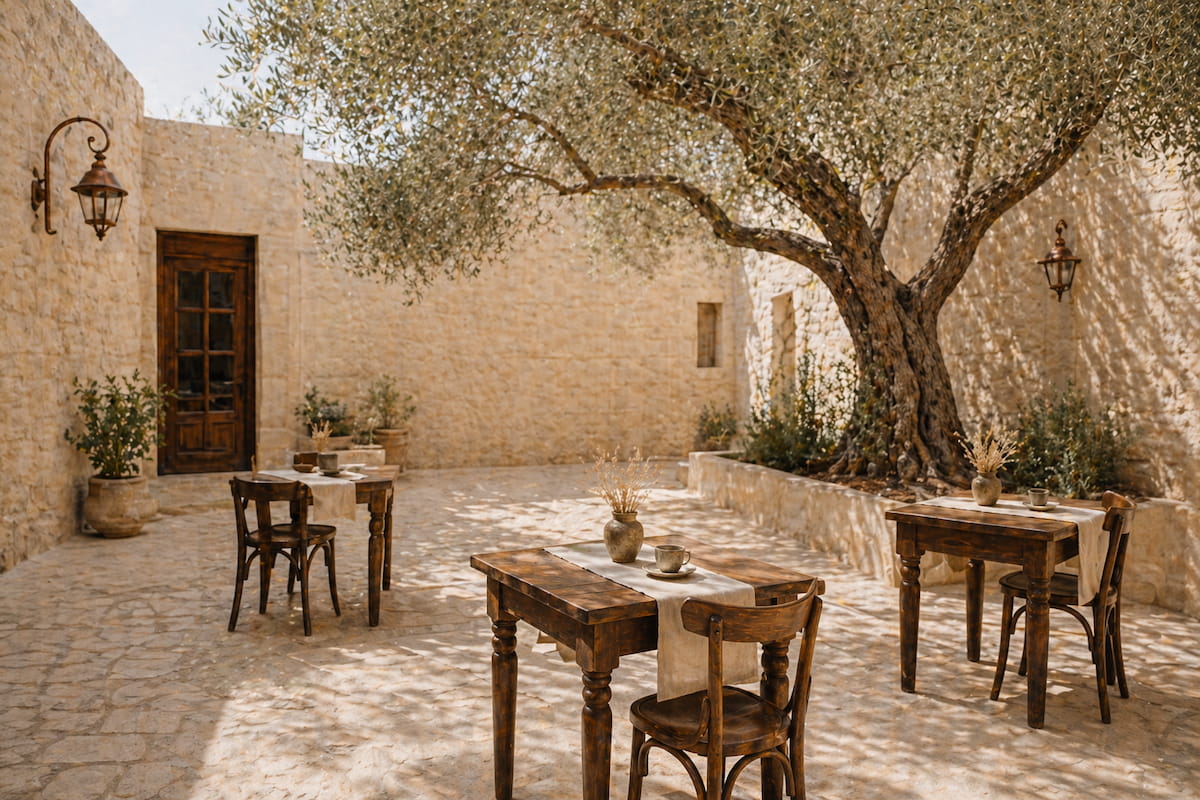 The inner courtyard with the olive tree at Maison de l'Heure Tel Aviv