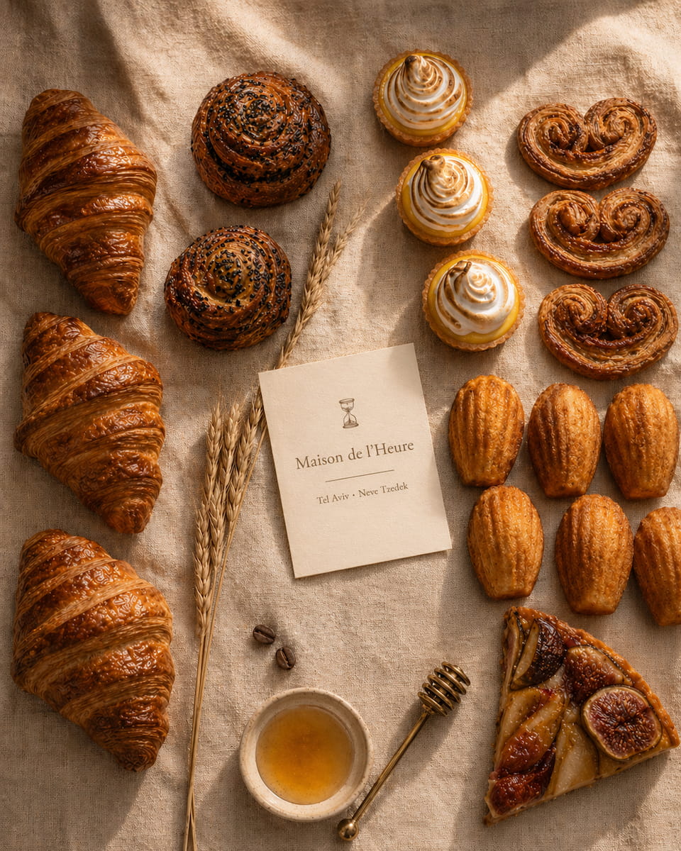 Maison de l'Heure pastry flatlay with brand identity