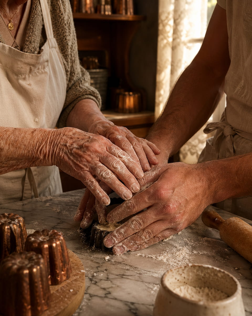 The hands of Marguerite's sister teaching Yoav the canelé recipe