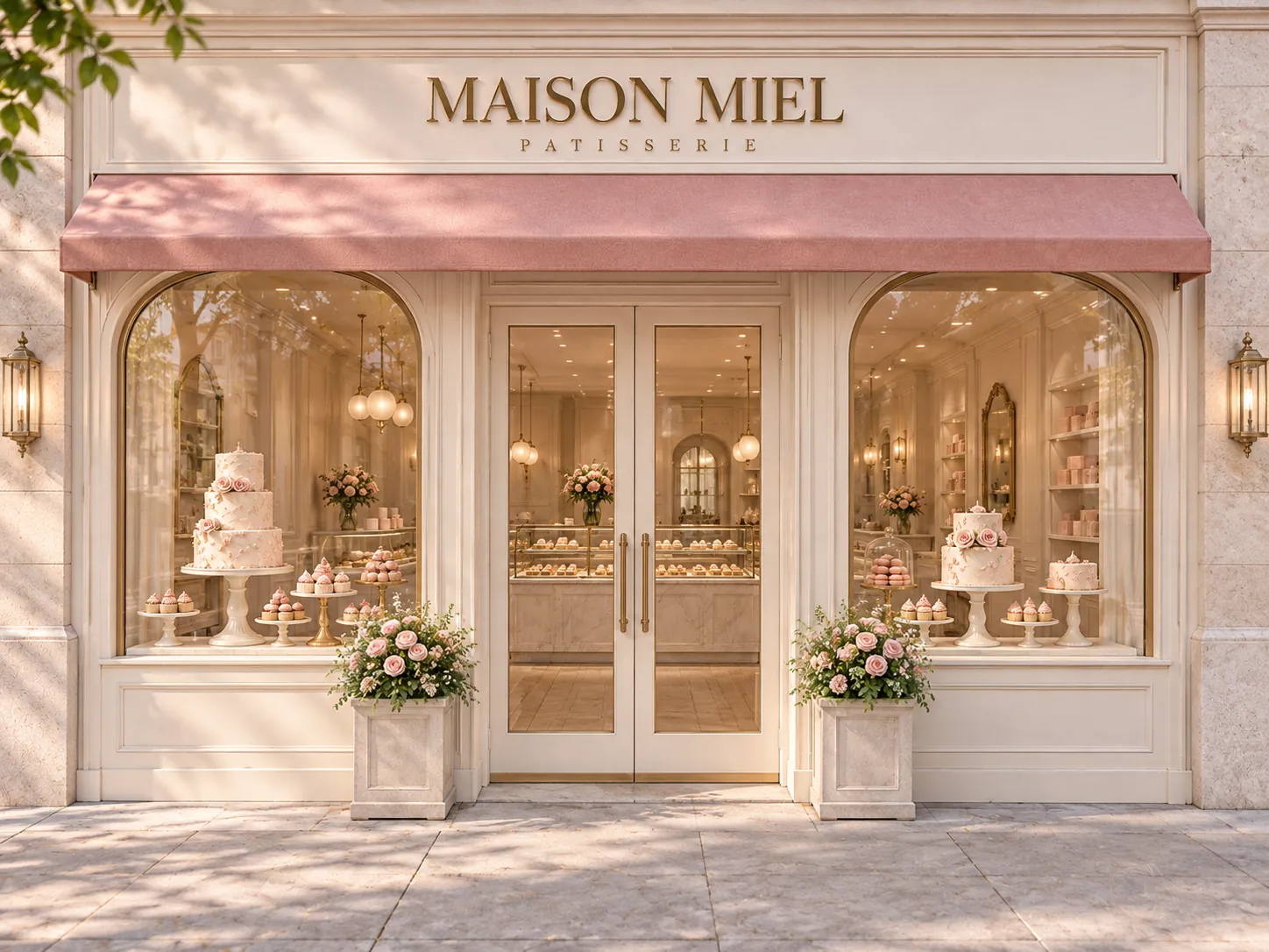 חזית החנות של Maison Miel: סוכך ורוד, ויטרינה עם עוגות ופרחים