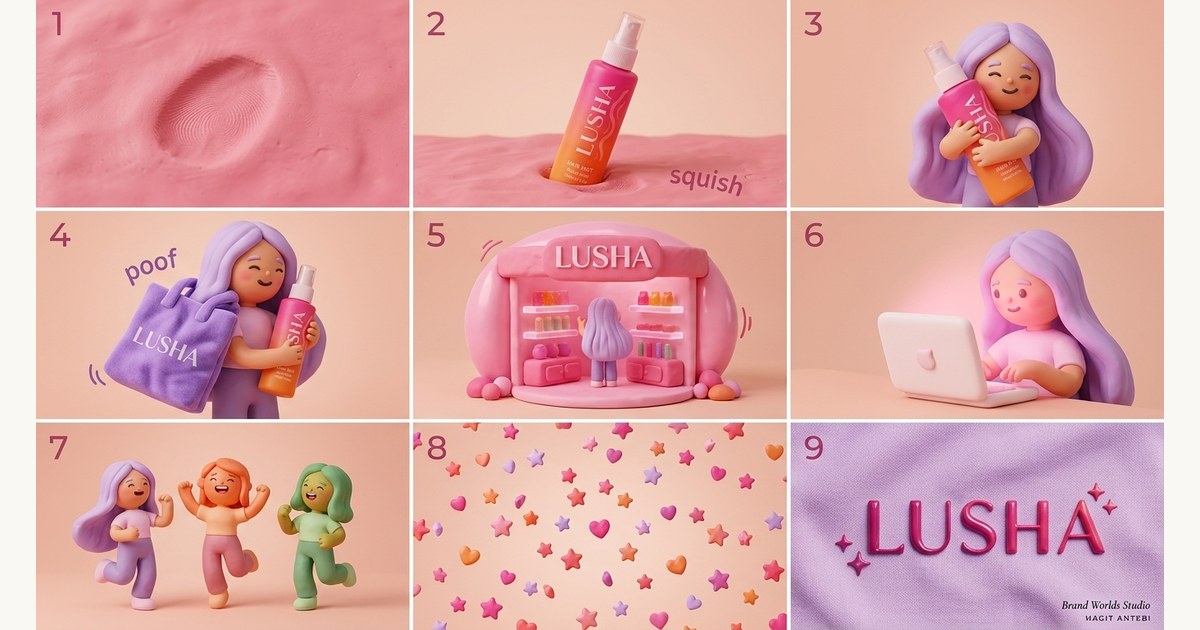 סטוריבורד לסרטון AI של מותג LUSHA בסגנון קליימיישן — תשעה פריימים פיסוליים בפלסטלינה ורודה: מרקם פותח, בקבוק נכנס, גיבורה, tote bag, חנות צעצוע, אריזת אונליין, שלוש דמויות רוקדות, פטרן ולוגו