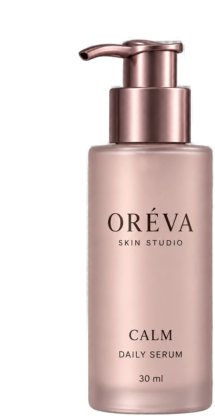 CALM Daily Serum, בקבוק זכוכית חלבית בגוון מוב עם משאבת נחושת