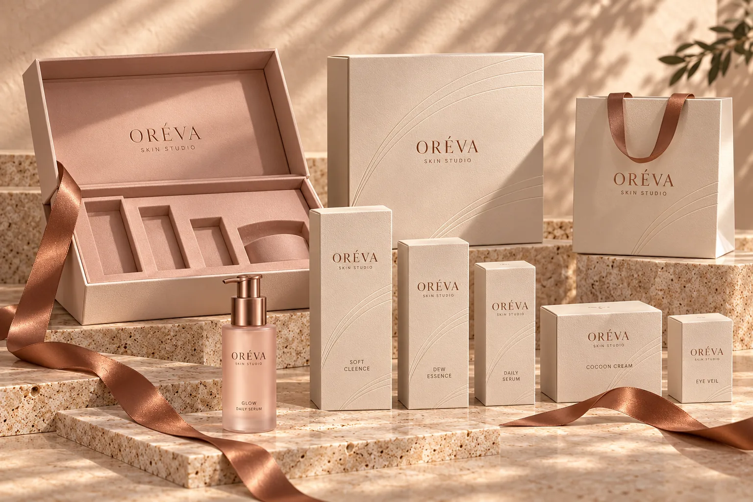 סט האריזות של ORÉVA°: קופסת פתיחה ורודה עם ארבעה תאים, קופסאות קרם עם קווי קשת מובלטים, שקית עם ידיות מסרט נחושת, ובקבוק GLOW, וסרט נחושת שמתפתל ביניהם על מדרגות טרצו