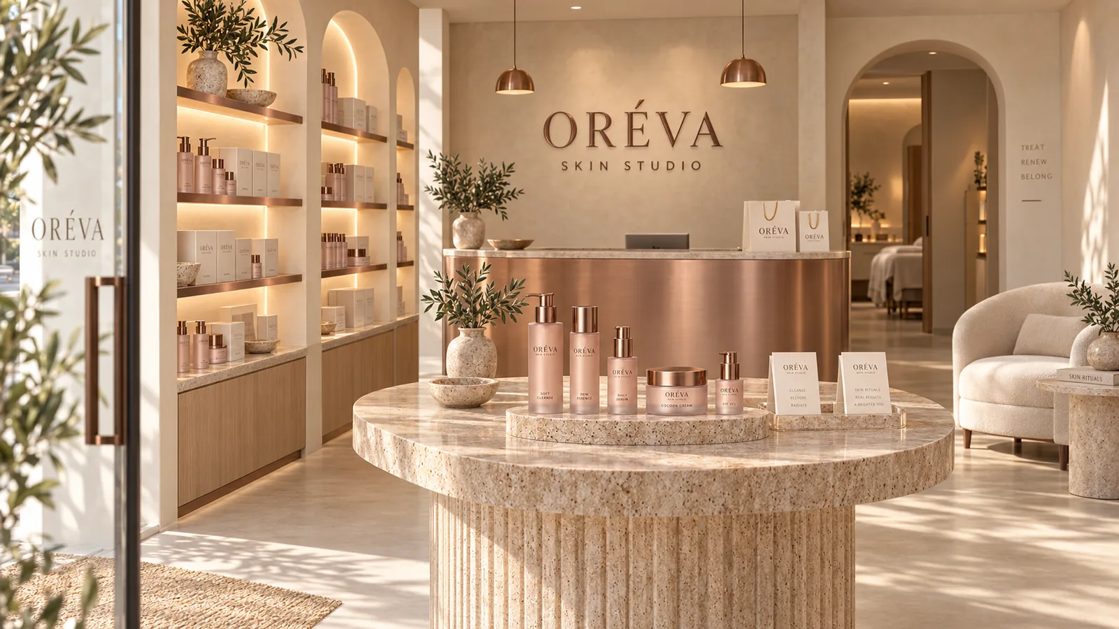 דלפק הקבלה של ORÉVA Skin Studio, קירות טרוורטין, מדפי מוצרים מוארים וצמחי זית