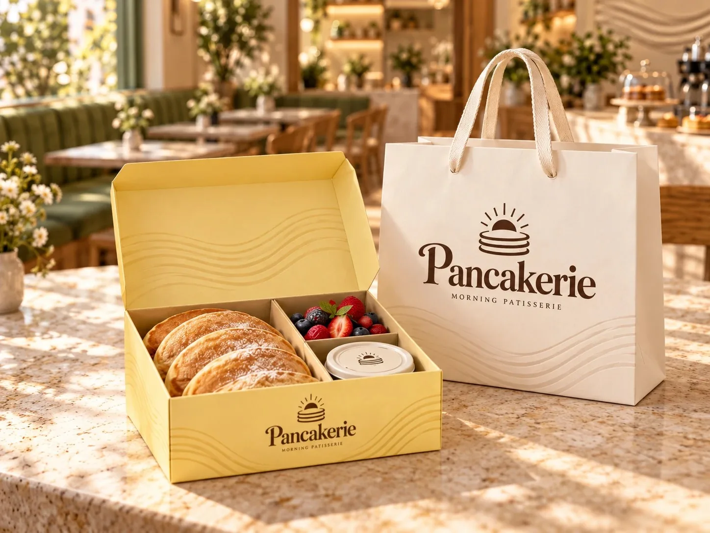 מארז טייק-אוויי של Pancakerie בצבע צהובה, פתוח עם פנקייקים, פירות וקרם, ליד שקית נייר קרם