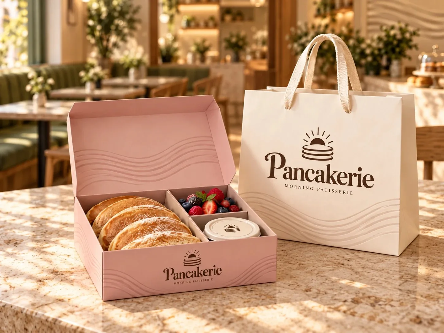 מארז טייק-אוויי של Pancakerie בצבע ורודה, פתוח עם פנקייקים, פירות וקרם, ליד שקית נייר קרם