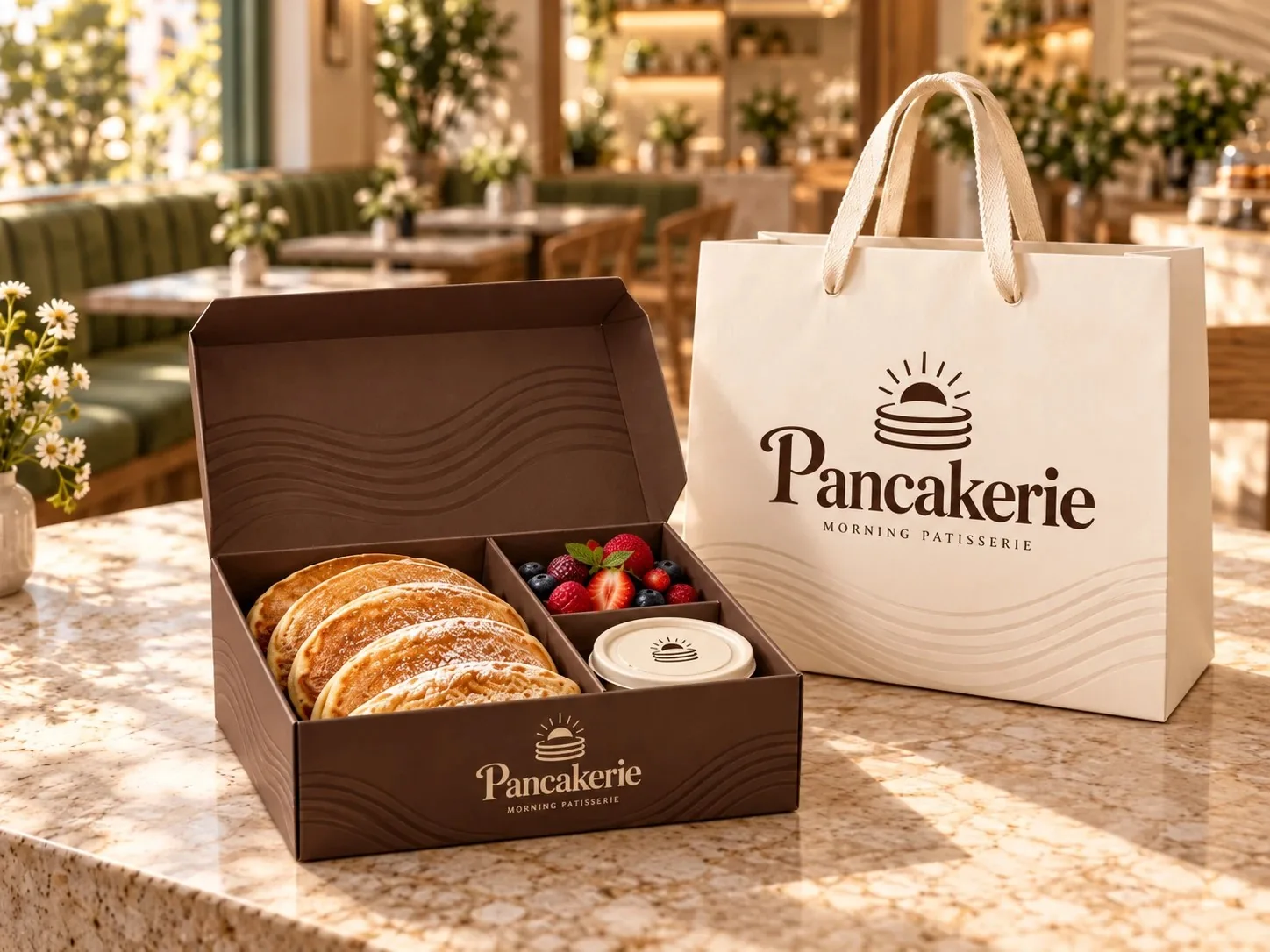 מארז טייק-אוויי של Pancakerie בצבע חומה, פתוח עם פנקייקים, פירות וקרם, ליד שקית נייר קרם