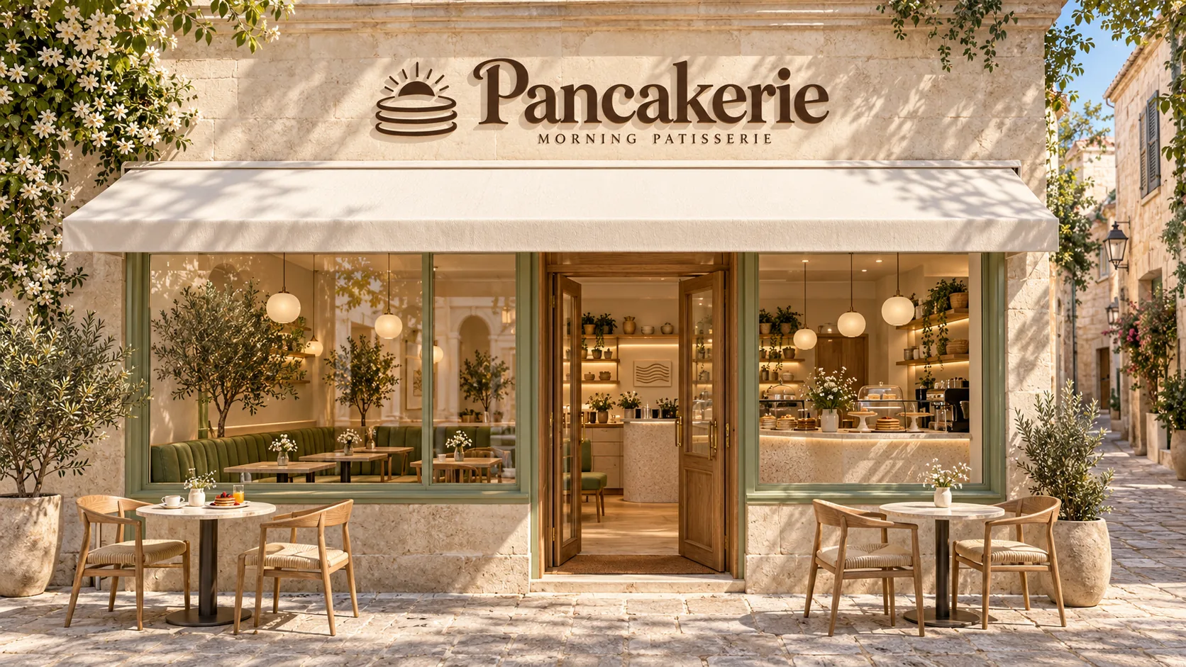 חזית Pancakerie: אבן בהירה, סוכך קרם, חלונות ירוקי מרווה, שולחנות עץ ועצי זית