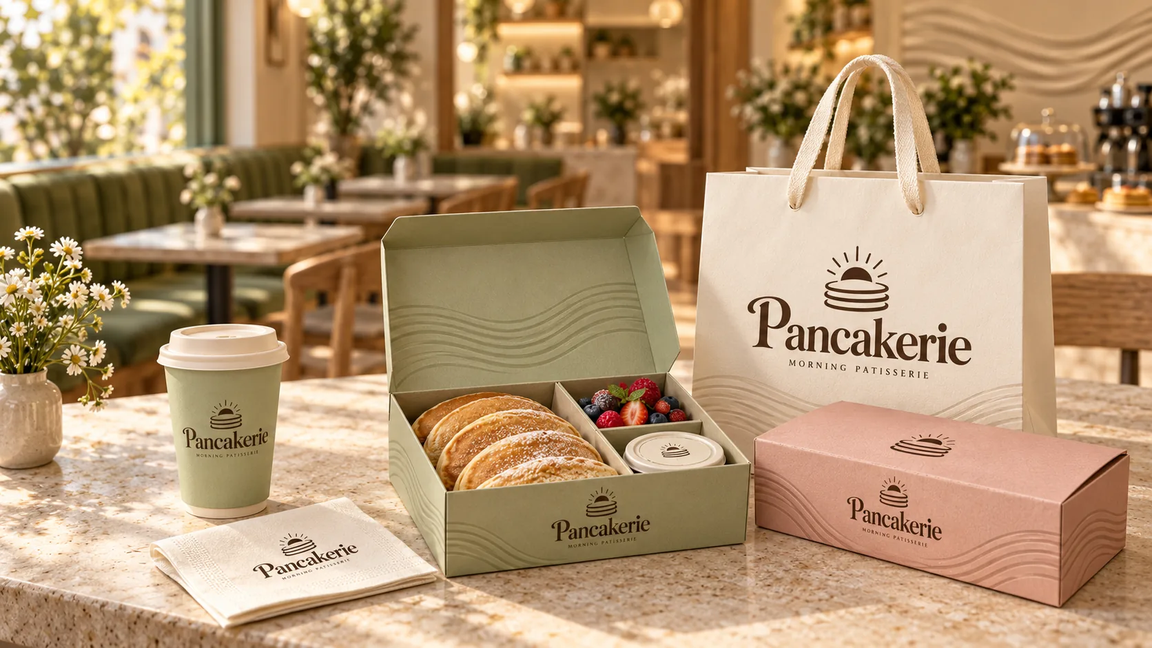 סט טייק-אוויי של Pancakerie: כוס וקופסה במרווה, קופסה ורודה ושקית נייר קרם על דלפק שיש