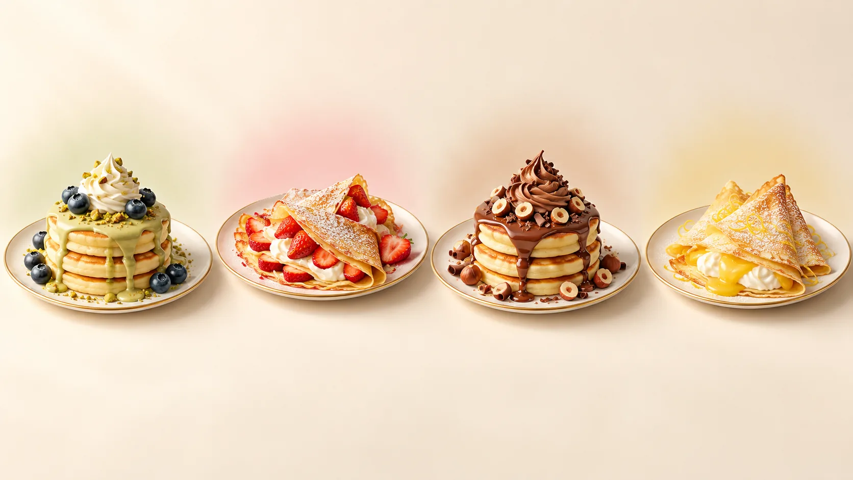 ארבע מנות החתימה של PANCAKERIE° על כתמי צבע רכים: פיסטוק, תות, אגוזי לוז ולימון
