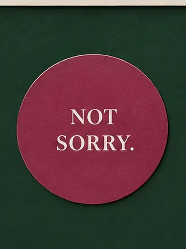 מדבקה עגולה בצבע ברי עם הכיתוב NOT SORRY. על רקע ירוק עמוק