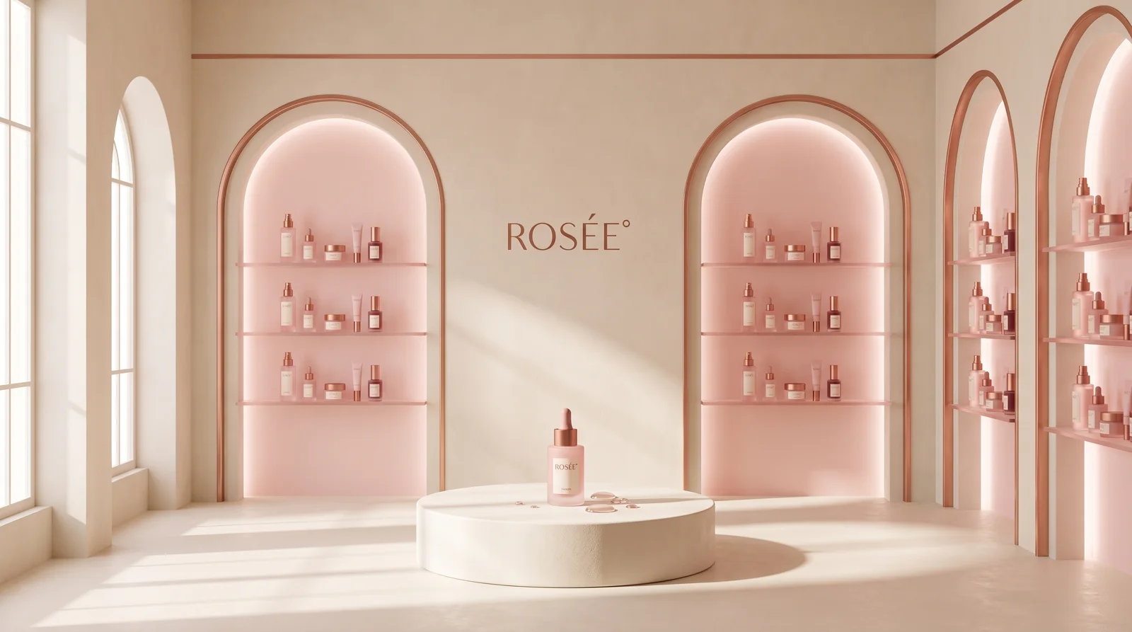 חנות הדגל של ROSÉE — נישות קשת ורודות, מדפי זכוכית ופודיום שמנת עם בקבוק הסרום
