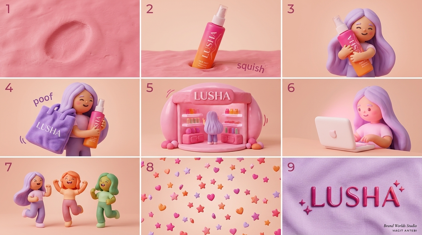 סטוריבורד לסרטון AI של מותג LUSHA בסגנון קליימיישן — תשעה פריימים פיסוליים בפלסטלינה ורודה ורקעי קרם, רך ומישושי