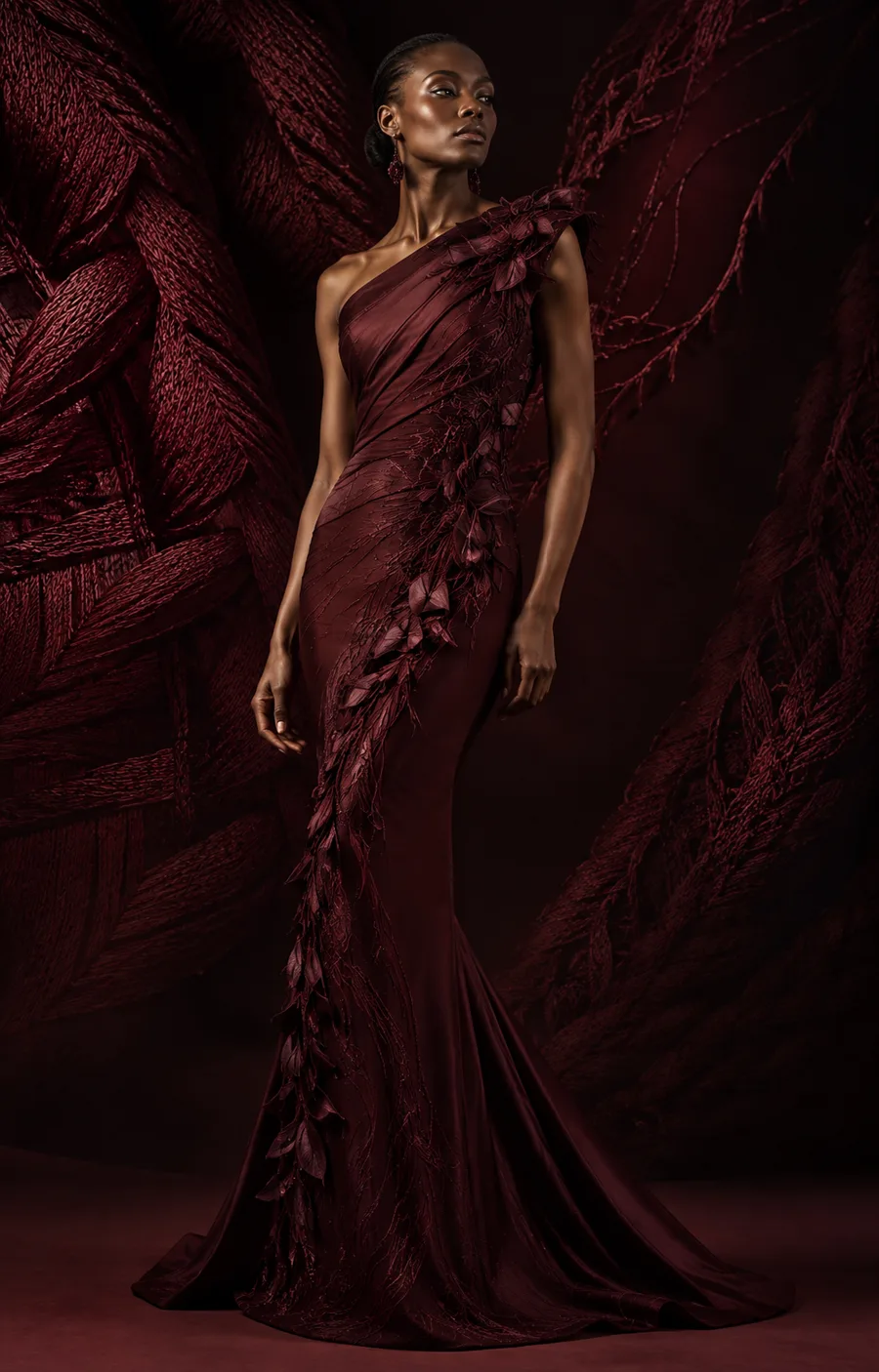 Rouge Mémoire — שמלת בורדו רקומת עלים על רקע מארג חוטים ארוג