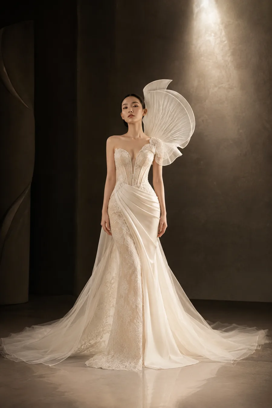 Bridal Couture — שמלת כלה שנהב עם צווארון מניפה מפוסל